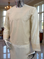 Men’s Cream Parahan Tumban with Matching Embroidery – Afghan Traditional Outfit (Medium)