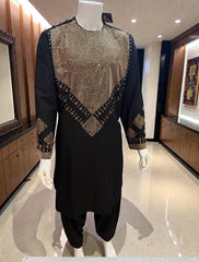 Men’s Black Parahan Tunban – Luxury Gold Shesha (Mirror) Work Chest & Sleeve Design | Afghan Traditional Outfit XL