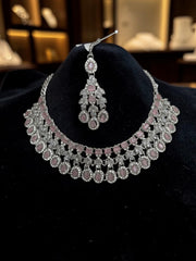 Luxury Blush Pink American Diamond Bridal Jewelry Set with Maang Tikka | Premium Brass Statement Collar Necklace, Earrings & Gift Box Included 6032