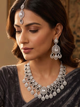 Silver Tone Bridal Jewelry Set with Clear & Black Crystal Accents – Necklace, Earrings & Maang Tikka | Indian Pakistani Afghan Wedding Jewelry | Gift Box Included 6025
