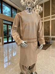 XL Beige Embroidered Afghan Parahan Tumban – Cotton-Blend Traditional Men’s Outfit | Luqmaan Boutique