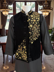 Medium Black Velvet Waistcoat – Heavy Handmade Gold Zari & Dabka Embroidery | Luxury Wedding Vestcoat Medium