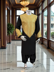 Men’s Black Parahan Tumban with Gold Embroidery & Matching Shawl | Afghan Traditional Outfit Large to X-Large