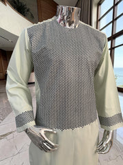 Medium Men’s Pistachio Green Perahan o Tunban with Charcoal Machine Embroidery – Traditional Afghan Outfit