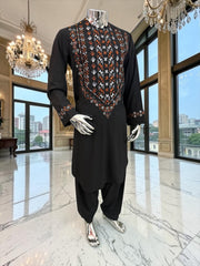 Small Black Afghan Parahan Tunban with Mirror Work – Premium Embroidered Men’s Traditional Outfit with Chadder/patto