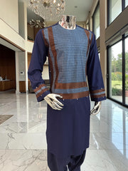 Large Navy Blue Afghan Parahan Tunban with Brown Machine Embroidery Detail