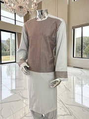 X-Large Premium Gray Parahan Tunban Set with Brown Machine Embroidery