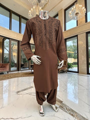Men’s Chocolate Brown Embroidered Afghan Parahan Tunban with Matching Shawl Handmade