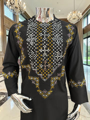 Black Hand-Embroidered Afghan Parahan Tunban with Mirror Work & Shawl