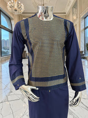 Small Premium Navy Blue Parahan Tunban Set with Gold Machine Embroidery Pattu/chadder