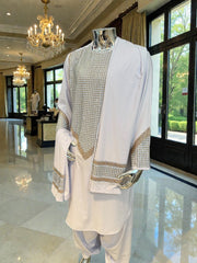 Men’s White Shesha Parahan Tunban Luxury Afghan Outfit with Matching Shawl | Luqmaan Boutique Collection Small