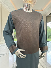 X-Large Men’s Slate Teal & Bronze Embroidered 3-Piece Parahan Tunban with Matching Tunban & Shawl | Afghan Traditional Outfit 7222