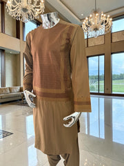Small Premium Brown Machine Embroidered Parahan Tunban Set with Matching Chadder