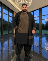 Men’s Black & Gold Parahan Tunban with Shawl – Machine Embroidered Afghan Outfit – XL & XXL