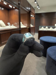 Men’s Vintage Light Blue Zircon Signet Ring – Turkish Inspired Silver Tone Carved Statement Ring | Antique Style Cocktail Ring A5