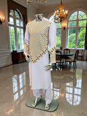 Men’s White Kameez with Gold and Navy Blue Machine Embroidery – Small Tall Size | Afghan Traditional Wear | Luqmaan Boutique