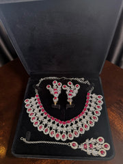 Luxury Ruby Red American Diamond Bridal Jewelry Set with Maang Tikka | Premium Brass Statement Necklace & Earrings Gift Box Included 6038
