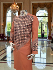 Small Men’s Caramel Brown Parahan Tumban with White & Tan Embroidery | Luxury Afghan Outfit with Matching Shawl
