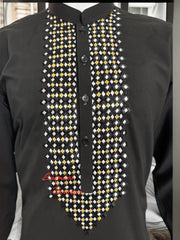 Medium Men’s Black Parahan Tumban with Gold and White Hand Khamak Embroidery – Luxury Afghan Traditional Outfit