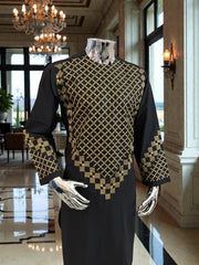 Small Black Afghan Kameez with Gold & Black Embroidery | Premium Traditional Men’s Outfit