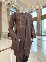 Men’s Chocolate Brown Embroidered Afghan Parahan Tunban 3-Piece Set with Shawl | Small–X-Large