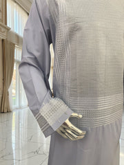 Men’s Light Gray Silver Embroidered 3-Piece Parahan Tunban with Matching Tunban & Shawl | Size XXL 7220