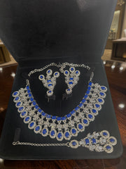 Luxury Sapphire Blue American Diamond Bridal Jewelry Set with Maang Tikka | Premium Brass Statement Collar Necklace, Earrings & Gift Box Included 6036