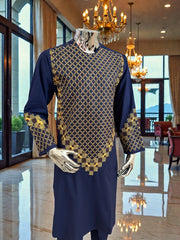 Men’s Navy Blue Kameez – Navy with Gold Machine Embroidery | XL Size Afghan Traditional Wear
