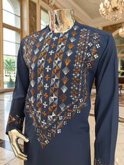 Large Navy Blue Afghan Men’s Parahan Tunban Set – Hand Embroidery & Mirror Work with Matching Chadder/patto