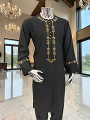 Black Embroidered Afghan Parahan Tunban for Men | Gold & White Detail