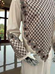 Men’s Cream Kameez – Cream with Brown & Black Machine Embroidery | Afghan Outfit (Medium)
