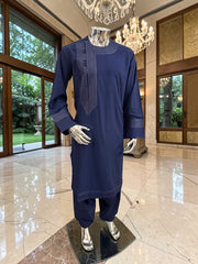 Traditional Afghan Parahan Tunban with Machine Embroidery – Navy Blue – XS