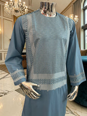Medium Steel Blue Embroidered Men’s Parahan Tunban Yakhandozi – Premium Traditional Suit