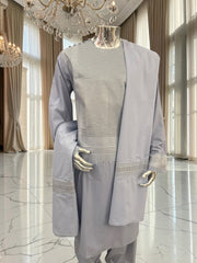 Men’s Light Gray Silver Embroidered 3-Piece Parahan Tunban with Matching Tunban & Shawl | Size XXL 7220