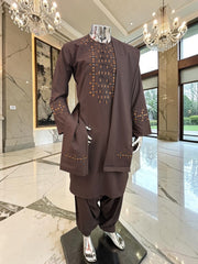 Men’s Chocolate Brown Embroidered Afghan Parahan Tunban 3-Piece Set with Shawl | Small–X-Large