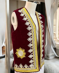 Men’s Maroon Velvet Afghan Vest with Gold & White Chermadozi | Handmade Traditional Waistcoat | Small