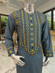 Medium Men’s Afghan Parahan Tunban Set – Dark Slate Blue with Premium Gold & Black Hand Embroidery with Chadder/patto