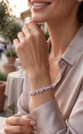 Lavender Purple Crystal Infinity Bracelet – Silver-Tone Oval Stone Link Bracelet 7098