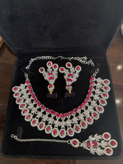 Luxury Ruby Red American Diamond Bridal Jewelry Set with Maang Tikka | Premium Brass Statement Necklace & Earrings Gift Box Included 6038