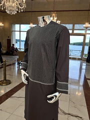 Men’s Dark Grey Parahan Tumban with White Embroidery – Afghan Traditional Outfit (Medium)