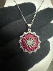 Pink Crystal Floral Pendant Necklace – Silver Tone Flower Statement Necklace with Gift Box 7157