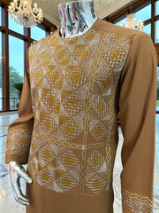 Medium Mens Afghan Parahan Tunban Set – Caramel Brown Premium Embroidered Traditional Outfit with Matching Chadder/patto