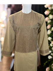 Afghan Parahan Tunban for Men Machine Embroidered Beige Gold Traditional Wear Medium