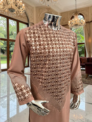 Small Men’s Tan Parahan Tumban with White & Tan Embroidery Afghan Kameese shalwar