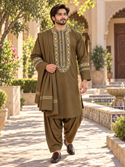 Men’s Olive Green Embroidered Afghan Perahan Tunban Set | S–XL