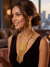 24K Gold-Plated Arab Middle Eastern Floral Fringe Necklace & Earrings Set. 060