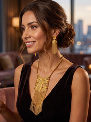 24K Gold-Plated Arab Middle Eastern Floral Fringe Necklace & Earrings Set. 060