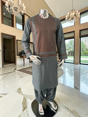 Medium Premium Olive Green & Brown Machine Embroidered Parahan Tunban Set with Matching Chadder