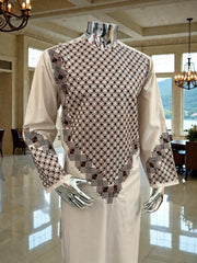 Men’s Cream Kameez – Cream with Brown & Black Machine Embroidery | Afghan Outfit (Medium)