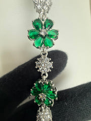 Emerald Green Floral Crystal Link Bracelet – Silver Tone Flower Statement Jewelry 7137
